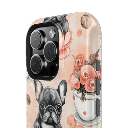 French Bulldogs in Heart Teacups MagSafe iPhone Case – Cute Dog & Floral Design, Shockproof Protection