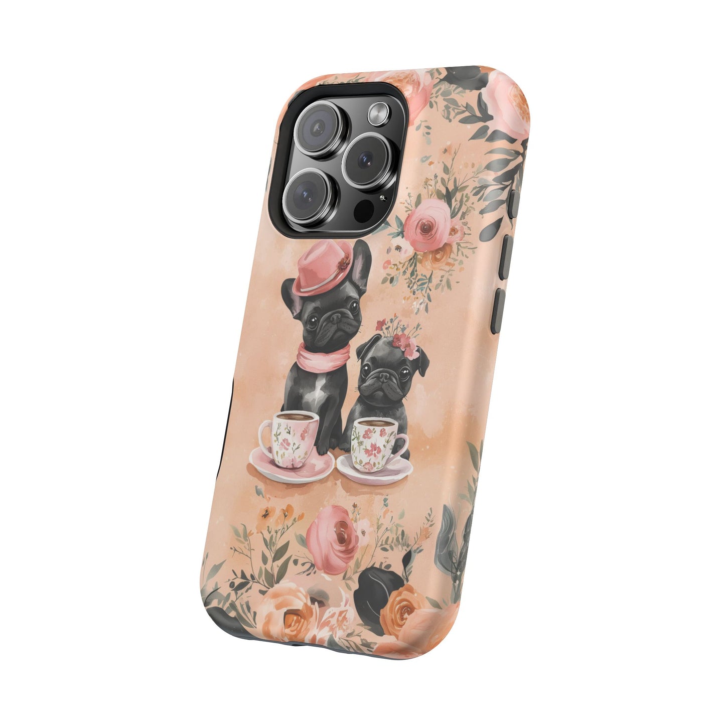 Floral French Bulldogs MagSafe iPhone Case – Elegant Dog Design with Tea Cups & Roses, Shockproof Protection