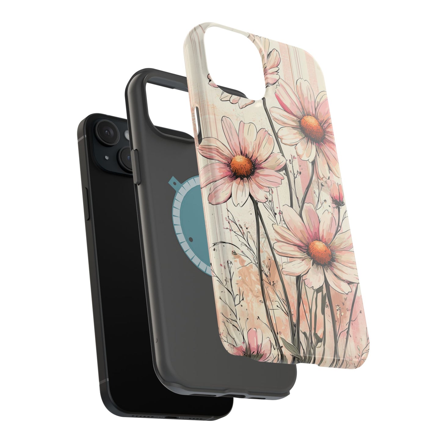 Pastel Pink Daisy MagSafe iPhone Case - Elegant Floral Plaid Protective Cover