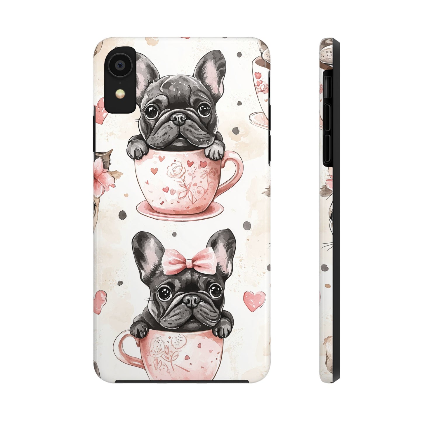 French Bulldogs in Teacups iPhone Case – Cute Dog Design with Hearts & Bows, Shockproof & Slim - BOGO Cases