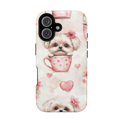 Floral Puppy in Teacup MagSafe iPhone Case – Cute Pink Flower Design, Tough Dual-Layer Protection