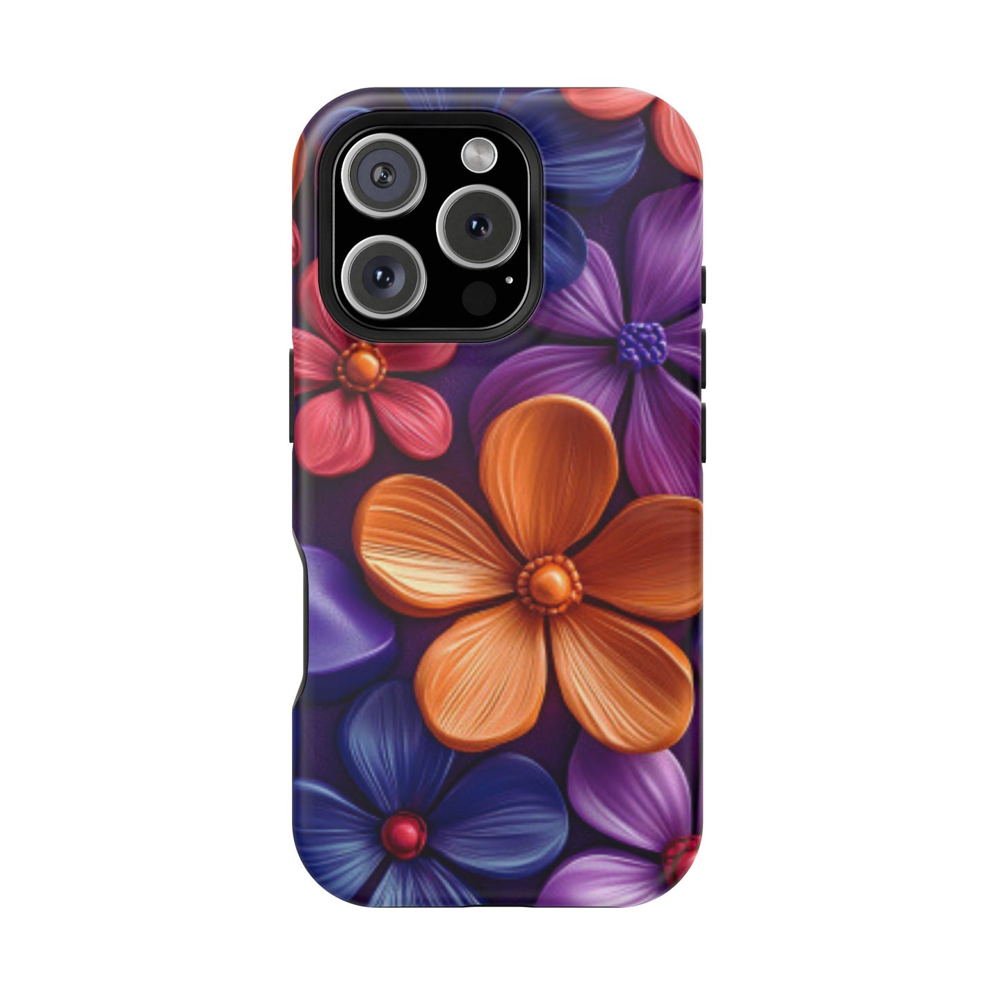 Bold Floral 3D MagSafe iPhone Case – Vivid Purple and Orange Flower Design, Shock-Resistant