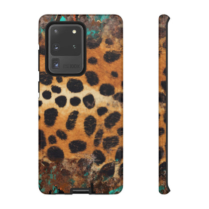 Rustic Leopard Print Tough Samsung Galaxy Case – Distressed Turquoise and Animal Pattern with Dual-Layer Protection