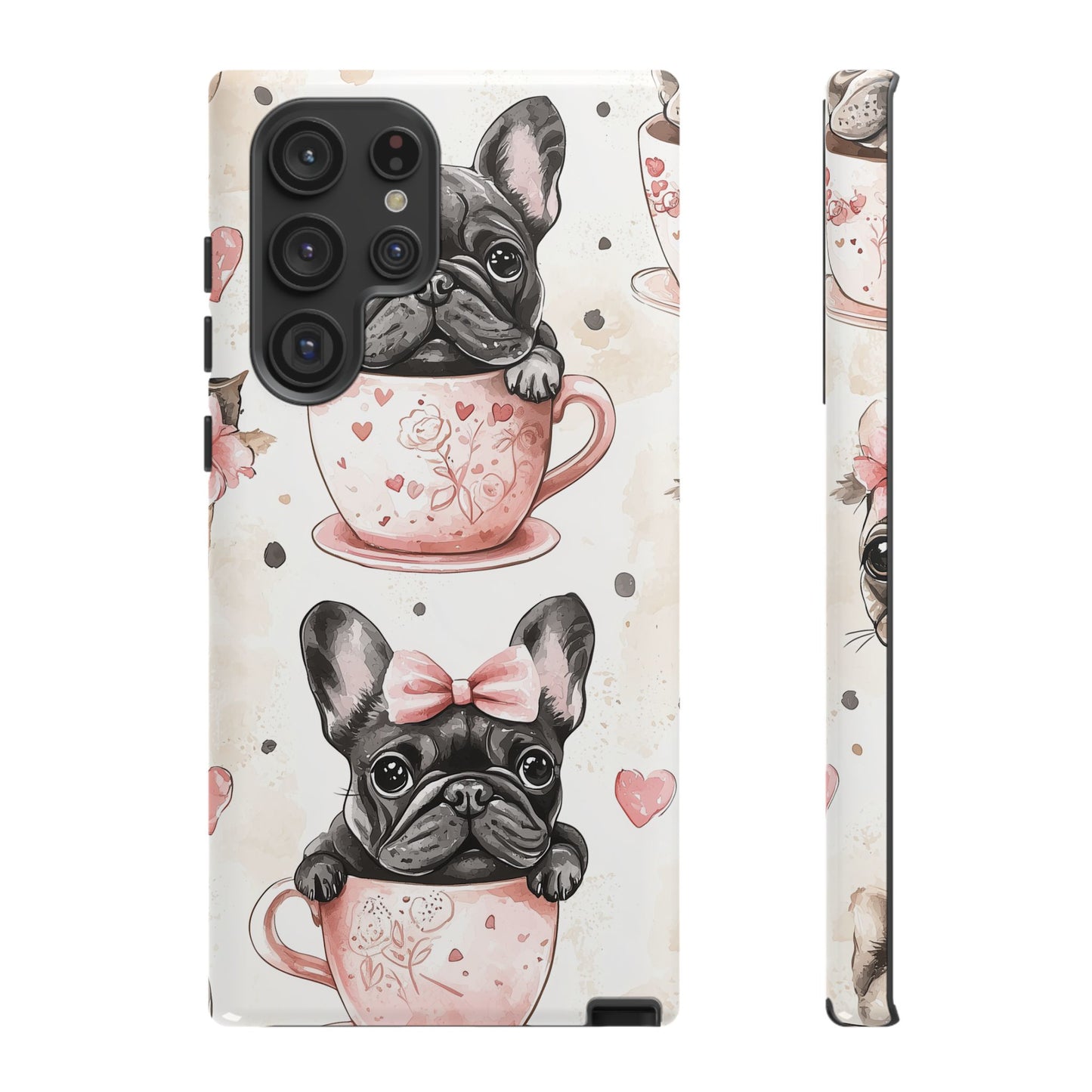 French Bulldogs in Teacups Samsung Galaxy Case – Cute Dog Design with Hearts & Bows, Shockproof & Slim