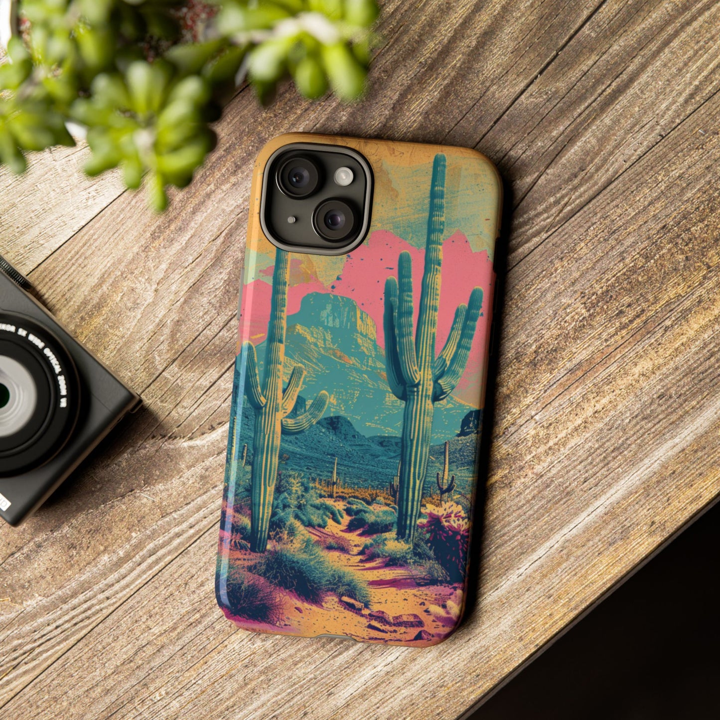 Desert Oasis Retro Cactus Phone Case - Vibrant Sunset Landscape for iPhone 15/14/13/12, Samsung S24/S23/S22/S21, & Google Pixel