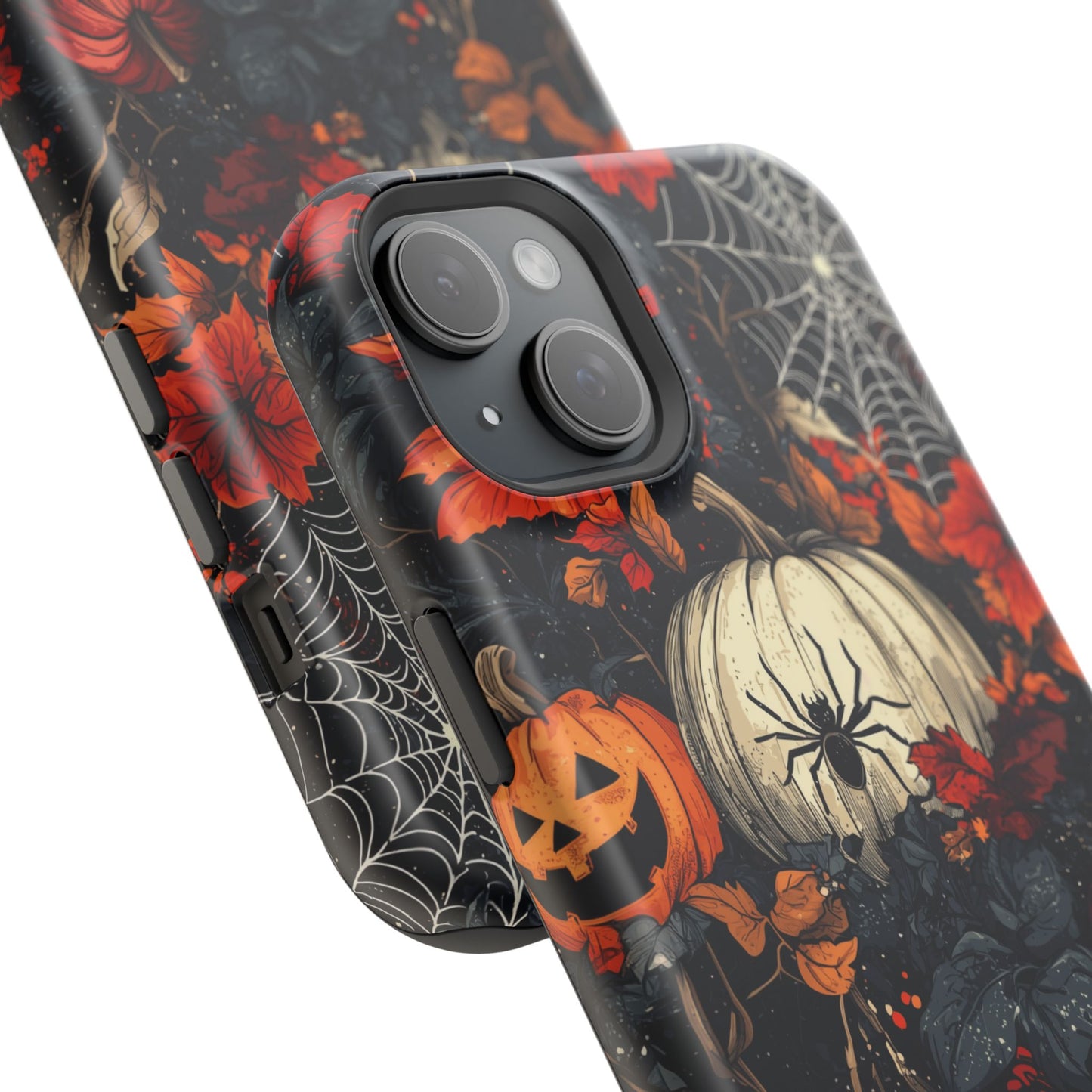 Hauntingly Elegant Halloween MagSafe iPhone Case – Pumpkins, Spiders, and Autumn Leaves Design