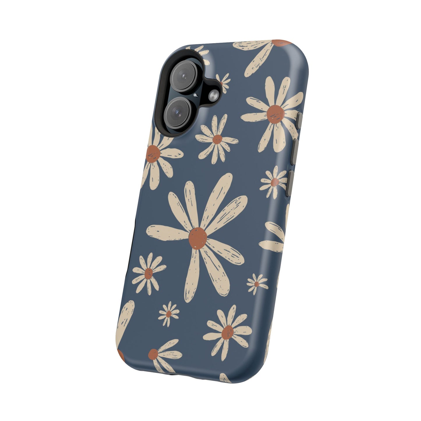 Vintage Daisies MagSafe iPhone Case – Navy Blue Floral Design, Scratch-Resistant with Shock-Absorbing Bumper