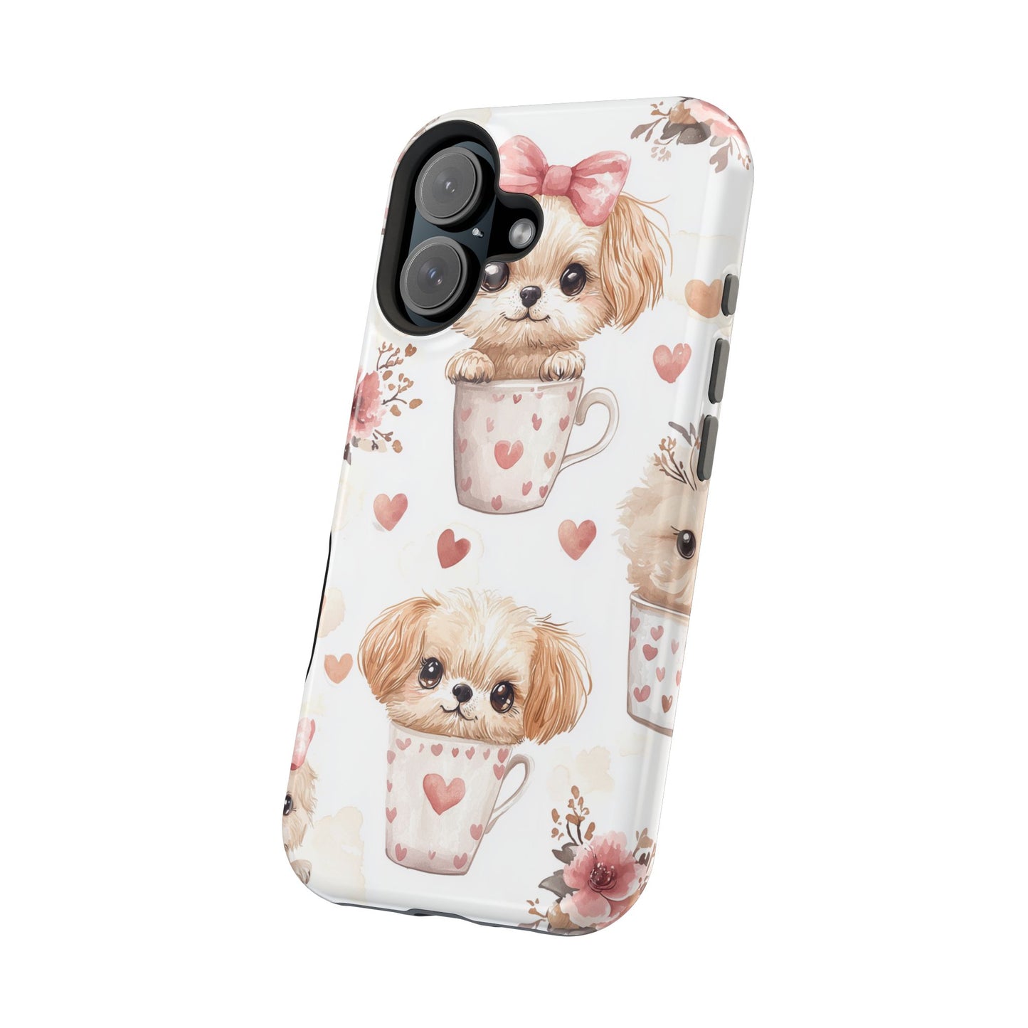 Cute Puppies in Heart MagSafe iPhone Case – Adorable Dog & Floral Design, Shockproof & Slim