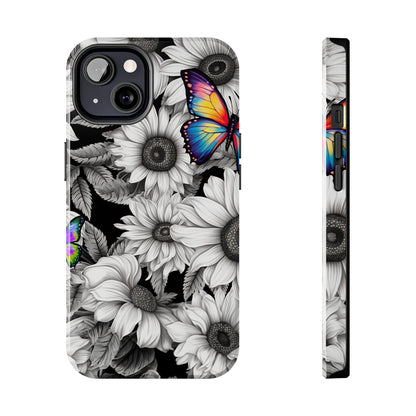 Rainbow Butterflies & Monochrome Sunflowers – iPhone Case