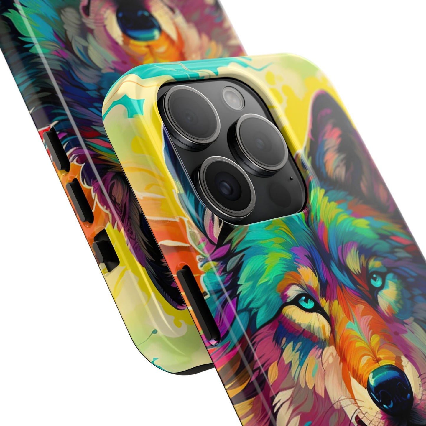 Rainbow Wolf in Bloom – iPhone Case with Vivid Nature Design