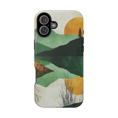 Retro Mountain Sunrise MagSafe iPhone Case – Minimalist Landscape Design, Dual-Layer Protection