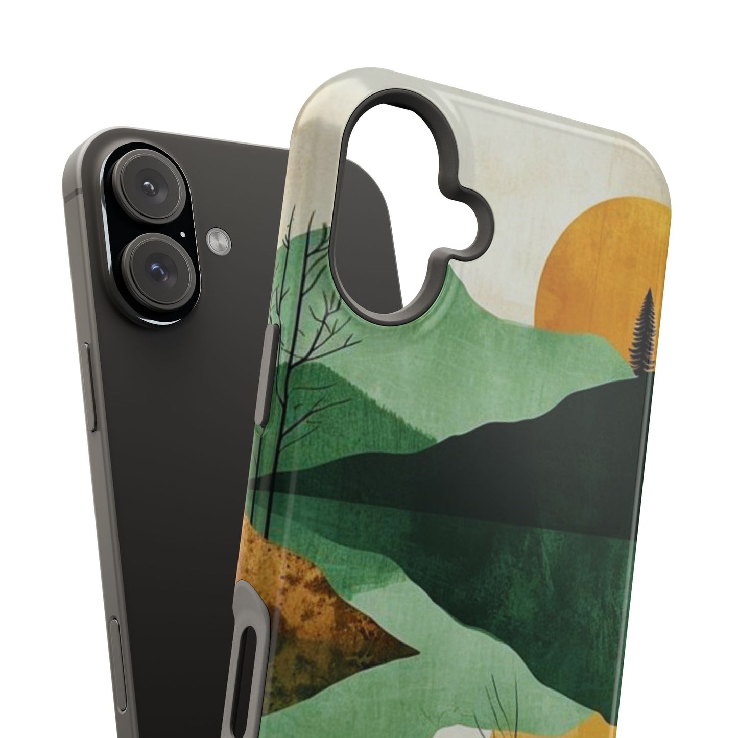 Retro Mountain Sunrise MagSafe iPhone Case – Minimalist Landscape Design, Dual-Layer Protection