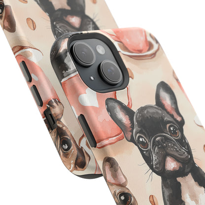 French Bulldogs in Coffee Cup MagSafe iPhone Case – Cute Dog Art, Shockproof & Slim Design