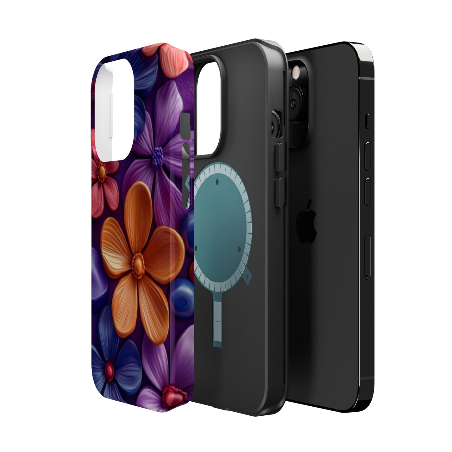 Bold Floral 3D MagSafe iPhone Case – Vivid Purple and Orange Flower Design, Shock-Resistant