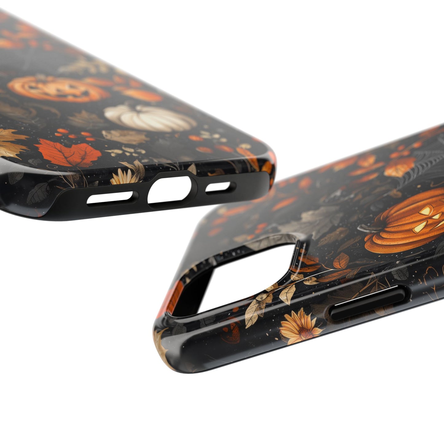 Elegant Halloween iPhone Case – Pumpkin Jack-o'-Lanterns, Cobwebs & Autumn Foliage Design