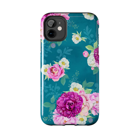 Elegant Peony Bouquet iPhone Case – Deep Teal Background with Romantic Floral Design