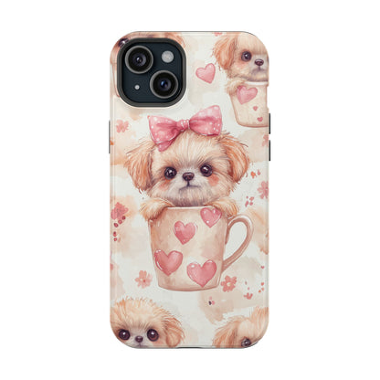 Adorable Puppy in Teacup MagSafe iPhone Case – Tough, Dual-Layer Protection with Cute Pink Bow Design