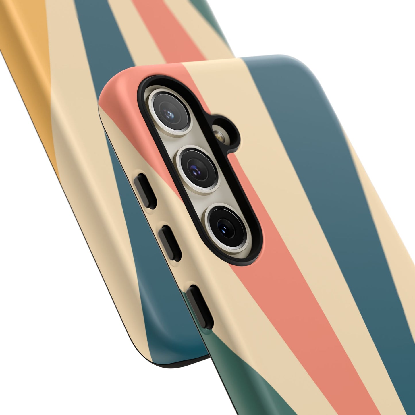 Retro Sunbeam Samsung Galaxy Case – 70s-Inspired Radiating Stripes in Coral, Teal, and Mustard