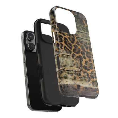 Rustic Wood and Leopard Print Tough iPhone Case – Distressed Western Design with Dual-Layer Protection