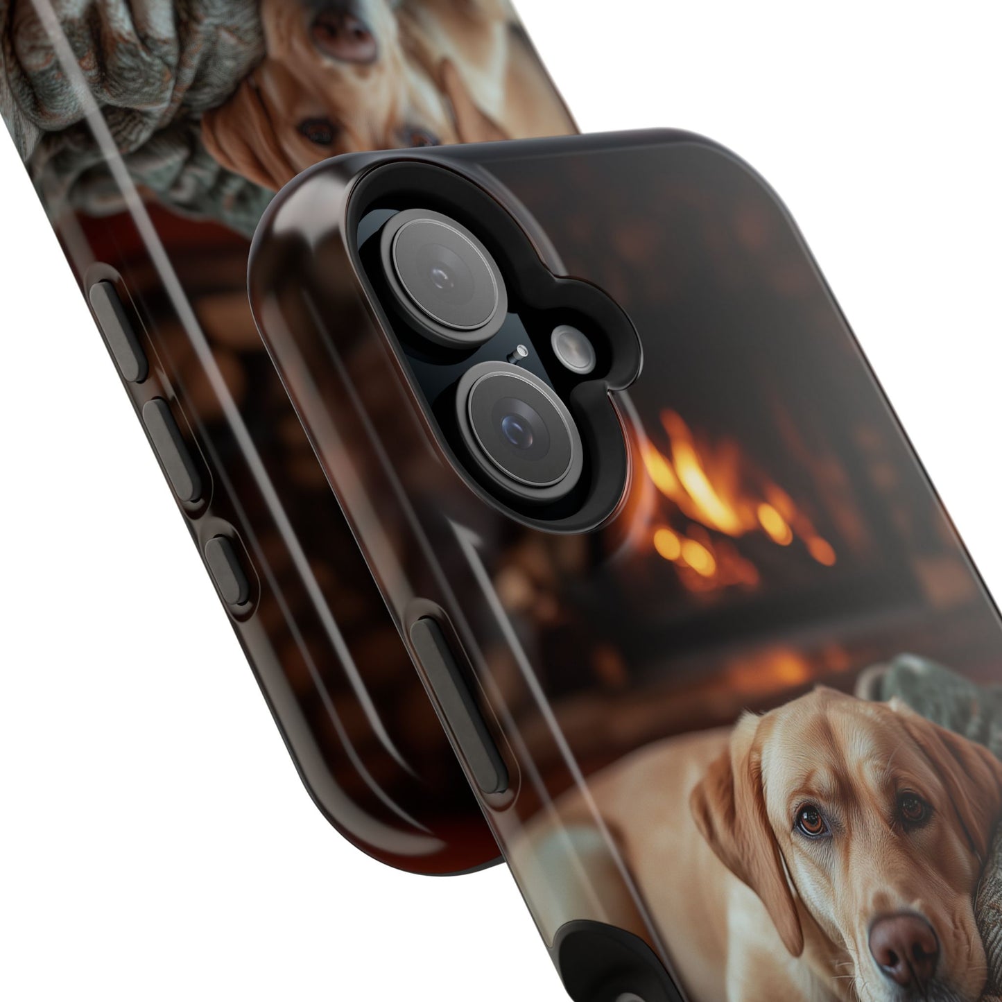 Cozy Labrador by Fireplace MagSafe iPhone Case – Rustic Cabin Protective Cover