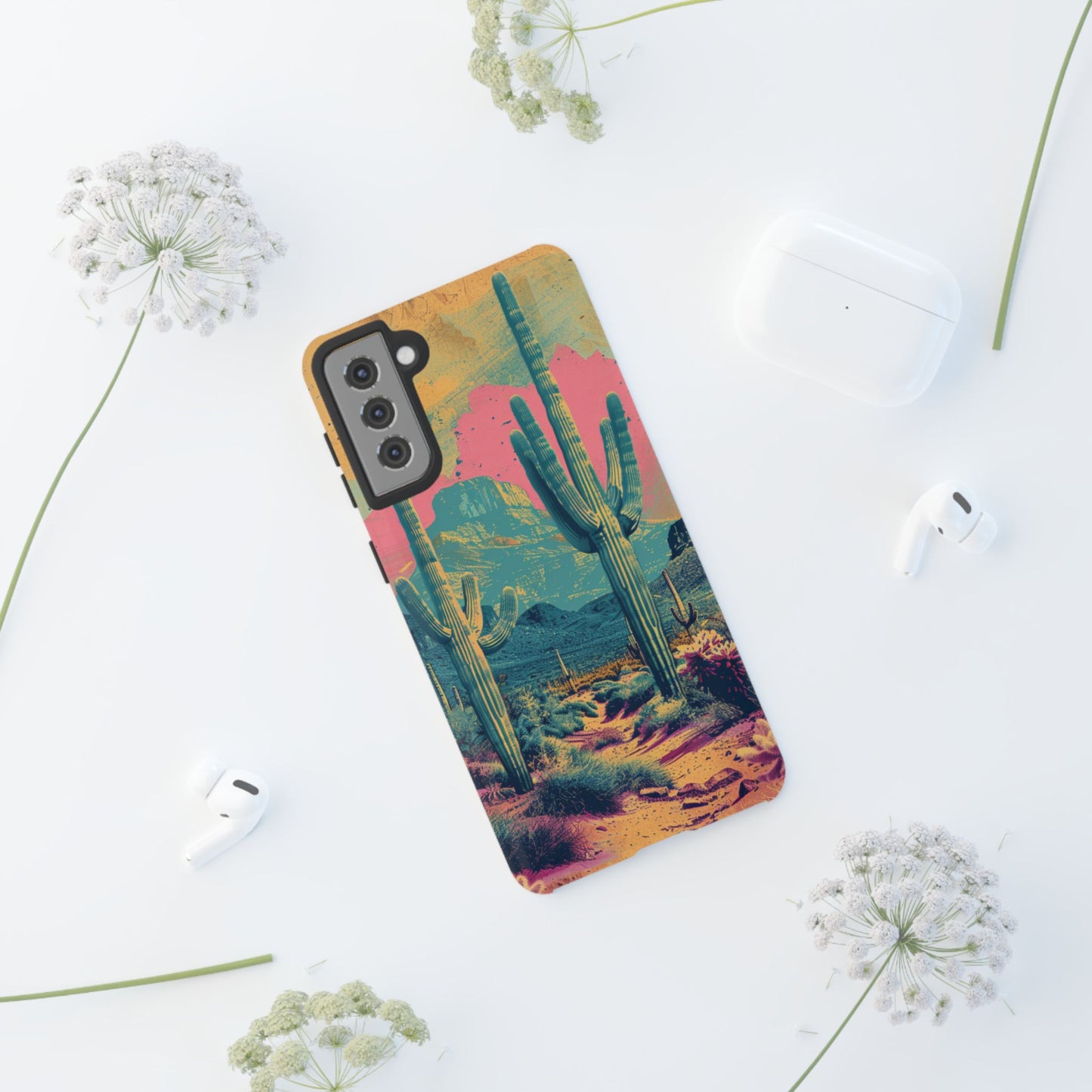 Desert Oasis Retro Cactus Phone Case - Vibrant Sunset Landscape for iPhone 15/14/13/12, Samsung S24/S23/S22/S21, & Google Pixel