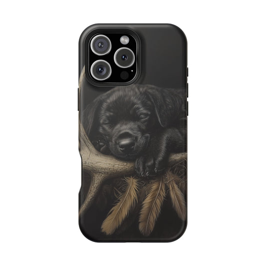 Adorable Black Labrador Puppy on Feathers MagSafe iPhone Case