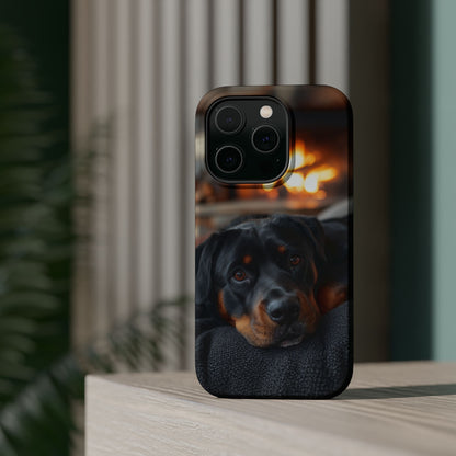 Charming Rottweiler by the Fireplace MagSafe iPhone Case – Cozy & Functional Design