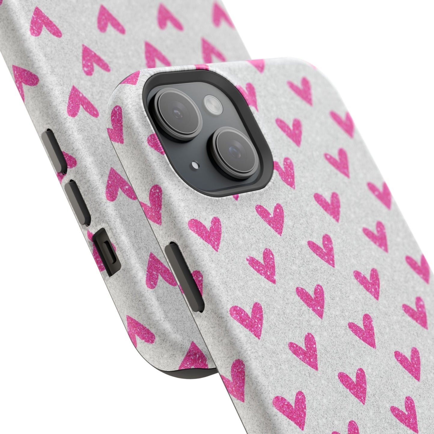 Pink Hearts on Glitter Silver – MagSafe iPhone Case