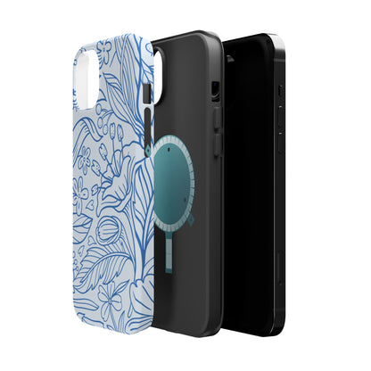 Dusty Blue Floral Line Art Tough MagSafe iPhone Case – Minimalist Botanical Design with Dual-Layer Protection