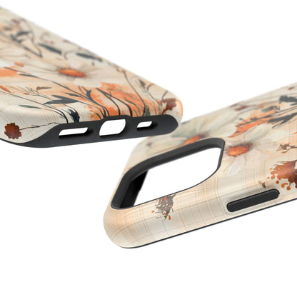 Pastel Orange Floral MagSafe iPhone Case - Elegant Plaid Protective Cover