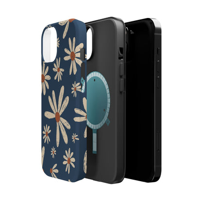 Vintage Daisies MagSafe iPhone Case – Navy Blue Floral Design, Scratch-Resistant with Shock-Absorbing Bumper