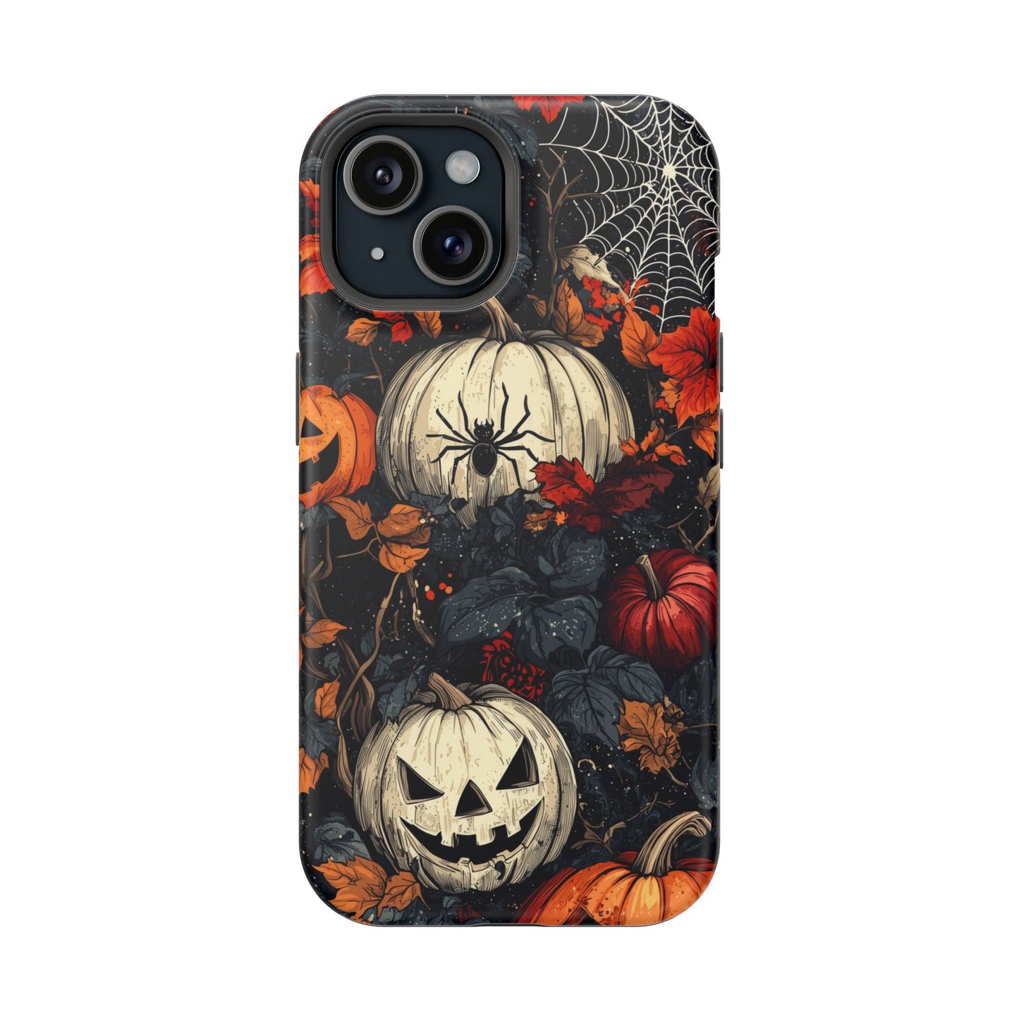 Hauntingly Elegant Halloween MagSafe iPhone Case – Pumpkins, Spiders, and Autumn Leaves Design