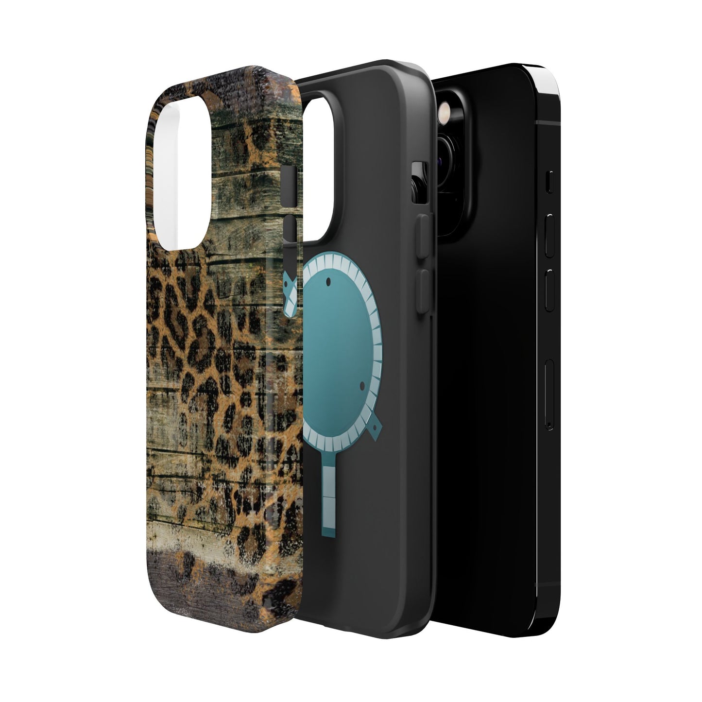 Rustic Wood and Leopard Print Tough MagSafe iPhone Case – Distressed Western Design with Dual-Layer Protection