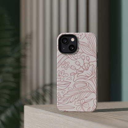 Blush Floral Line Art Tough MagSafe iPhone Case – Delicate Minimalist Design with Dual-Layer Protection