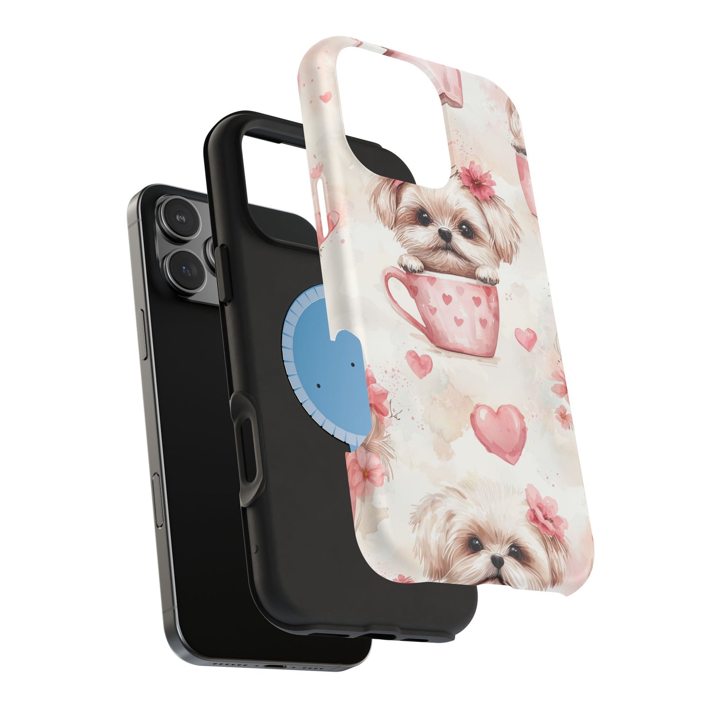 Floral Puppy in Teacup MagSafe iPhone Case – Cute Pink Flower Design, Tough Dual-Layer Protection