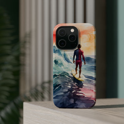 Surfer’s Sunset Wave MagSafe iPhone Case – Vibrant Watercolor Design