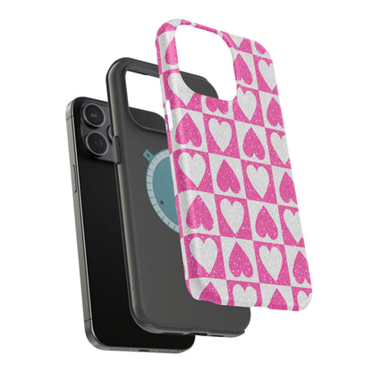 Pink Glitter Heart Checkered Pattern MagSafe Case