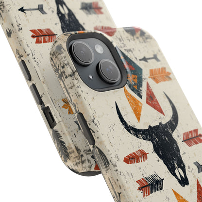 Tribal Bull Skull & Arrows Tough MagSafe iPhone Case – Rustic Western Design, Dual-Layer Protection