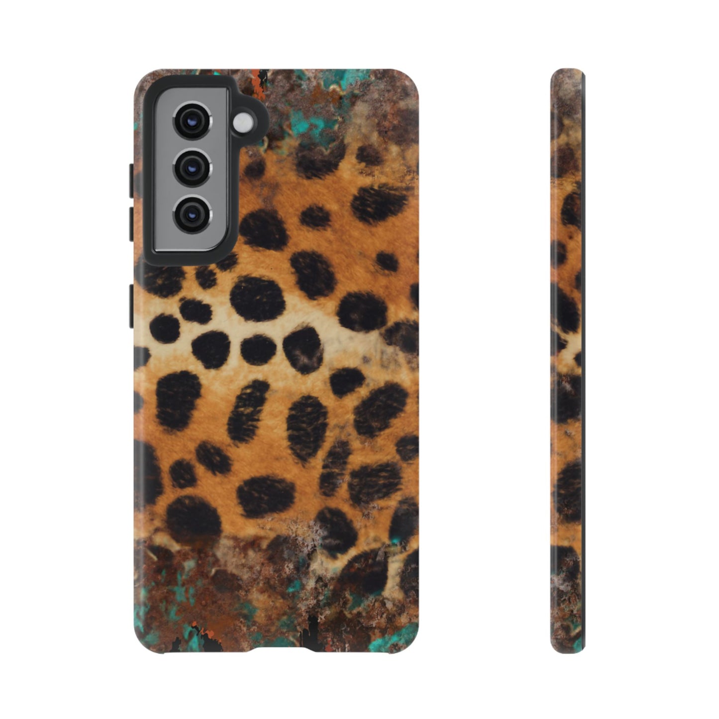 Rustic Leopard Print Tough Samsung Galaxy Case – Distressed Turquoise and Animal Pattern with Dual-Layer Protection