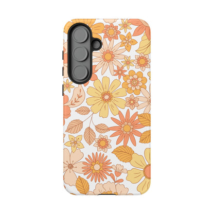 Vintage Floral Bloom Samsung Galaxy Case – Warm Orange & Yellow Retro Flower Design with Matte Finish