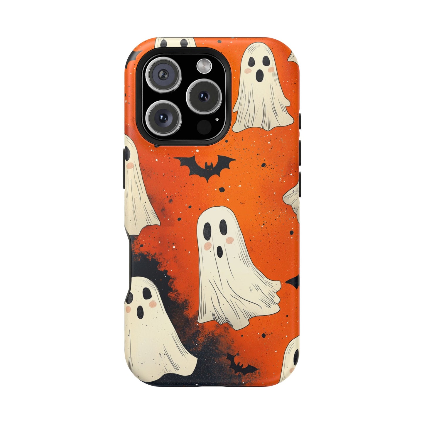 Spooky Ghosts & Bats  MagSafe iPhone Case – Vibrant Orange Halloween Design