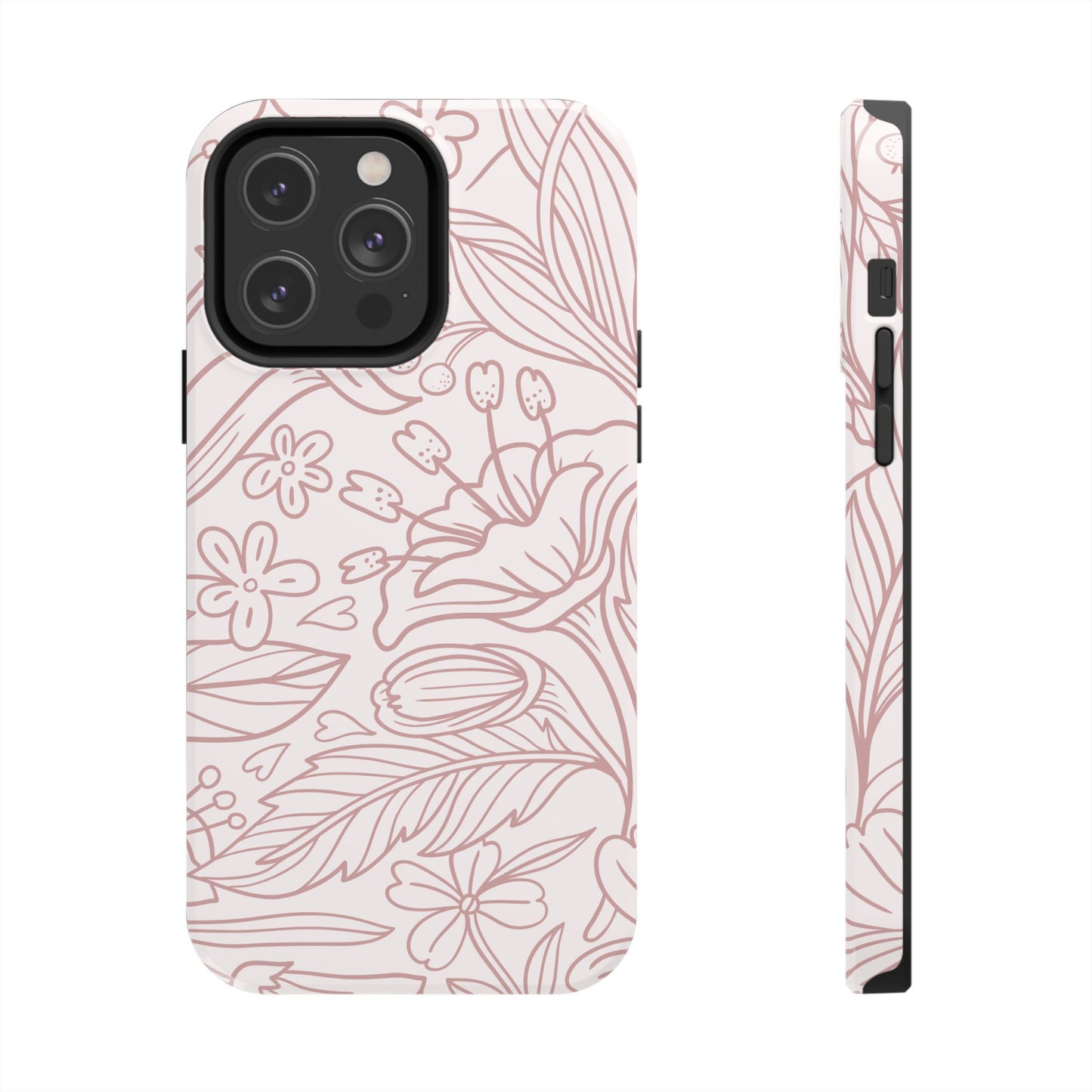 Blush Floral Line Art Tough iPhone Case – Delicate Minimalist Design with Dual-Layer Protection