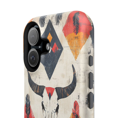 Western Bull Skull & Feathers Tough Mag Safe iPhone Case – Bold Tribal Design, Dual-Layer Protection