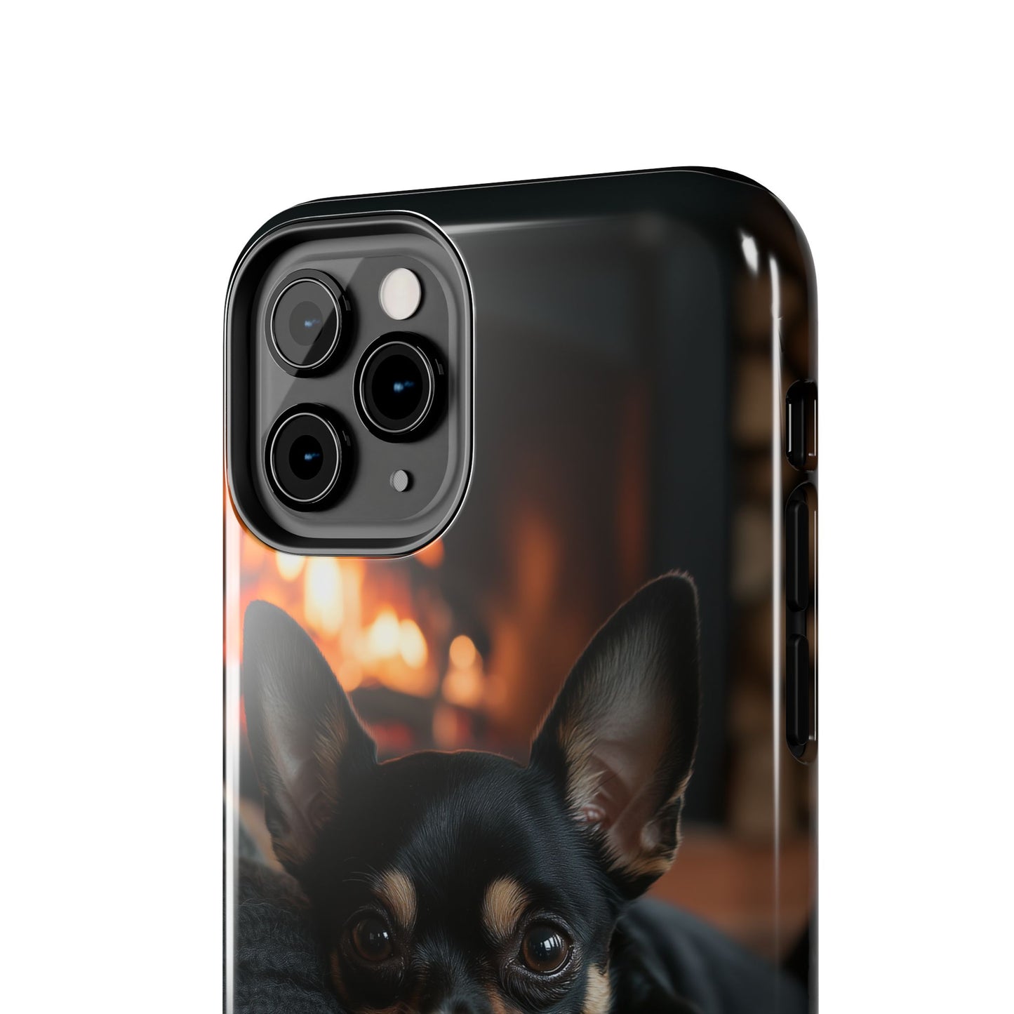 Cozy Chihuahua Fireplace iPhone Case – Warm and Stylish Design