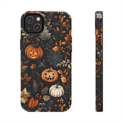 Elegant Halloween iPhone Case – Pumpkin Jack-o'-Lanterns, Cobwebs & Autumn Foliage Design