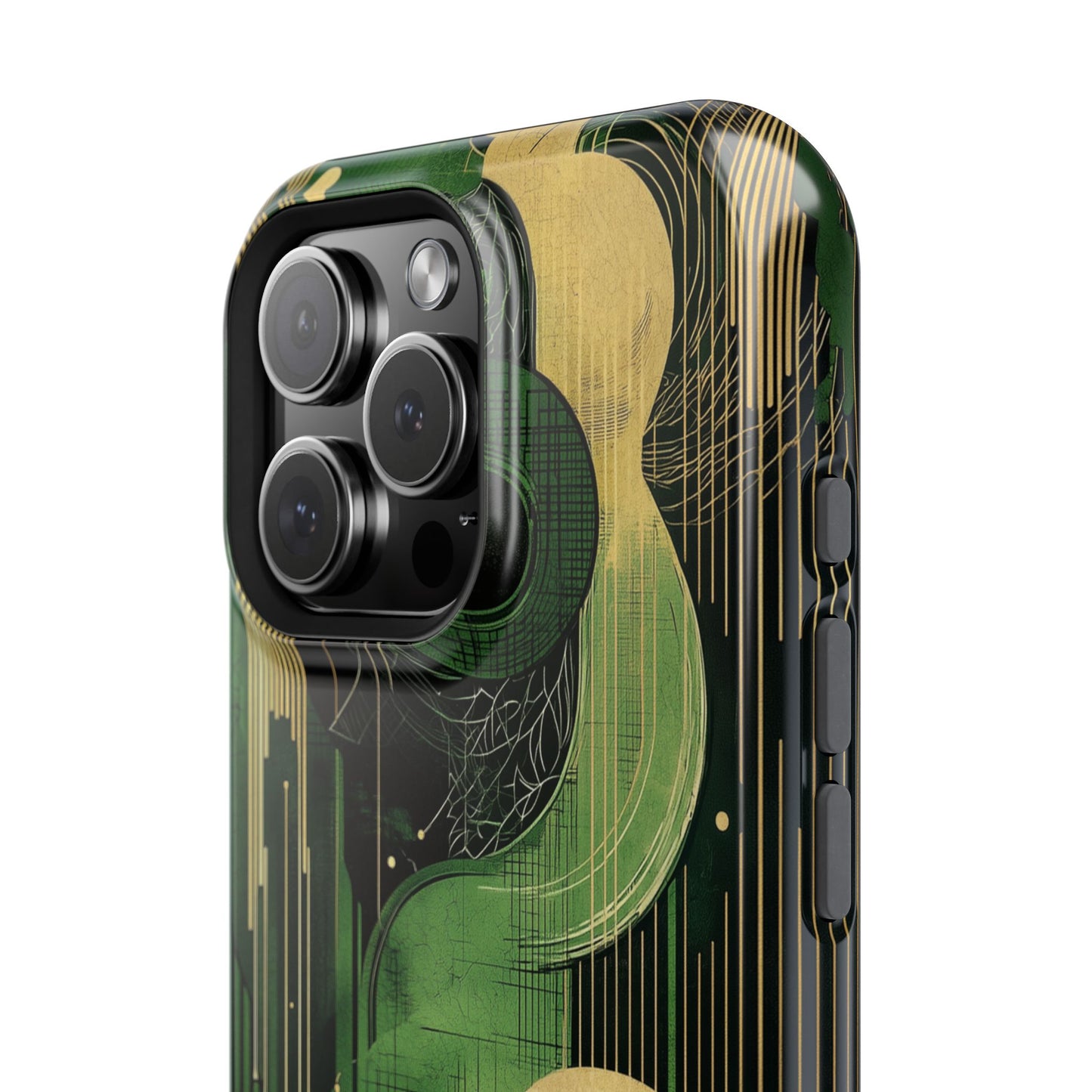 Abstract Green & Gold MagSafe iPhone Case - Geometric Art Deco Protective Cover