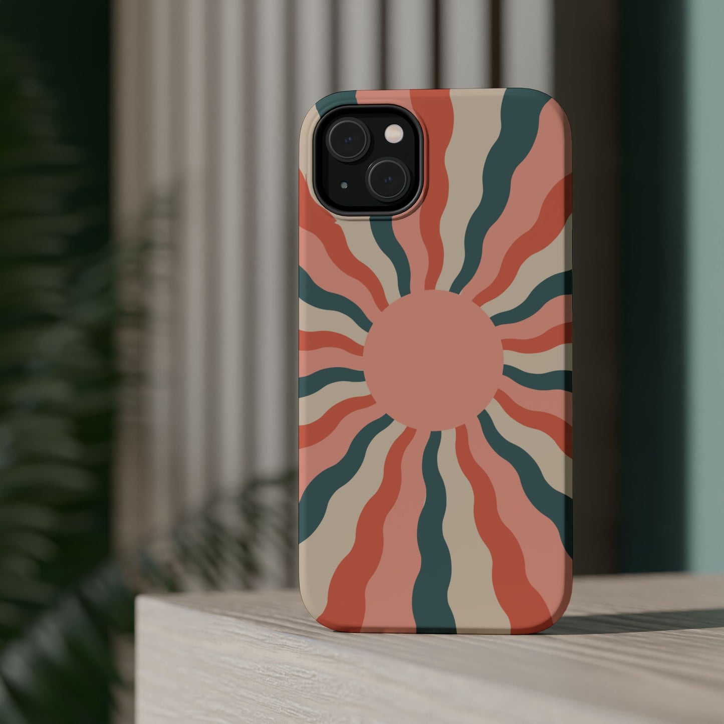 Retro Sunburst MagSafe iPhone Case – Bold 70s-Inspired Waves in Coral, Teal, and Cream