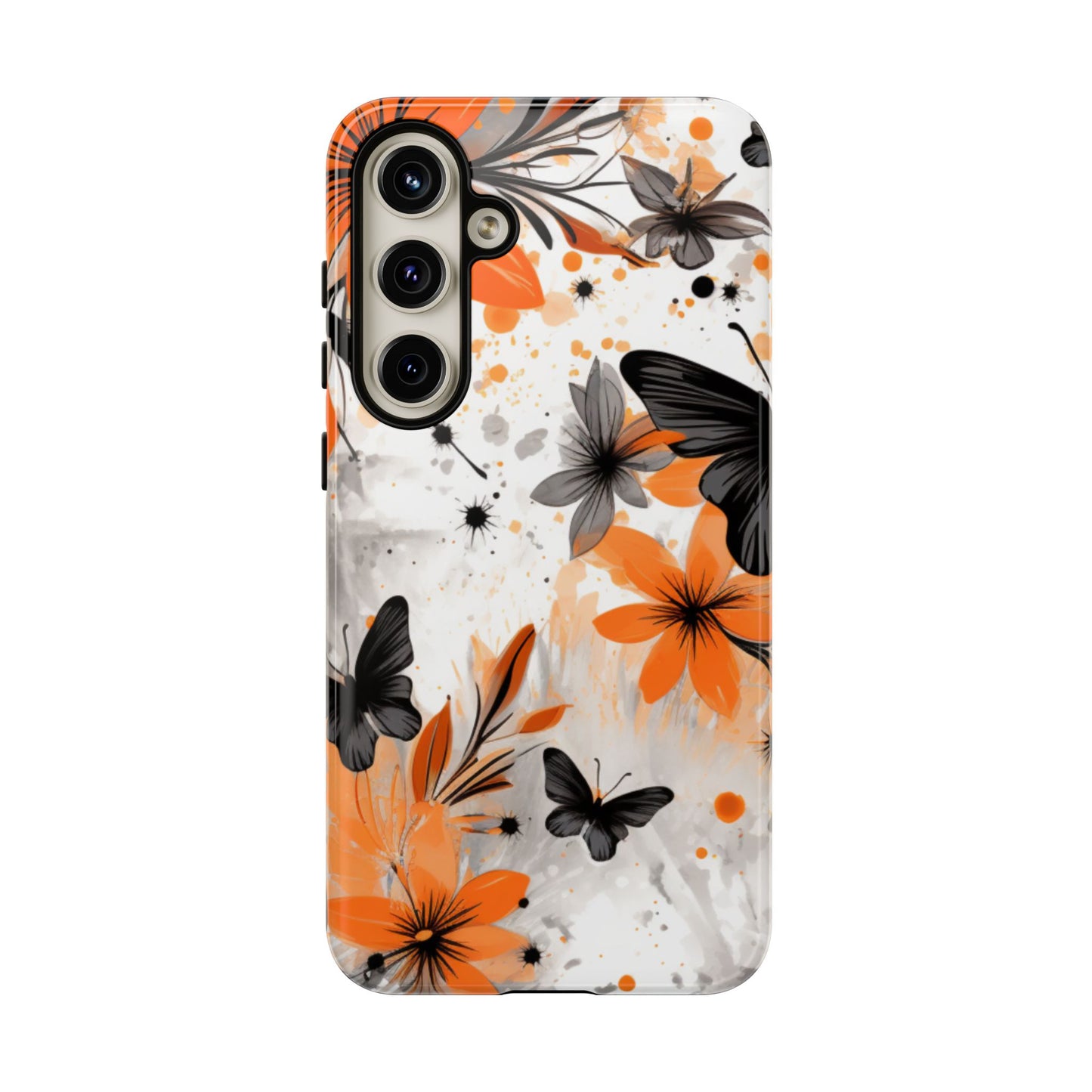Orange Blossom & Black Butterfly Samsung Galaxy Case – Bold Floral Pattern with Modern Abstract Style