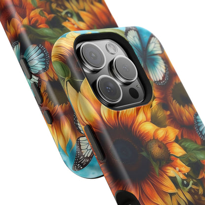 Aqua Blue Butterfly & Sunflower Art – MagSafe iPhone Case