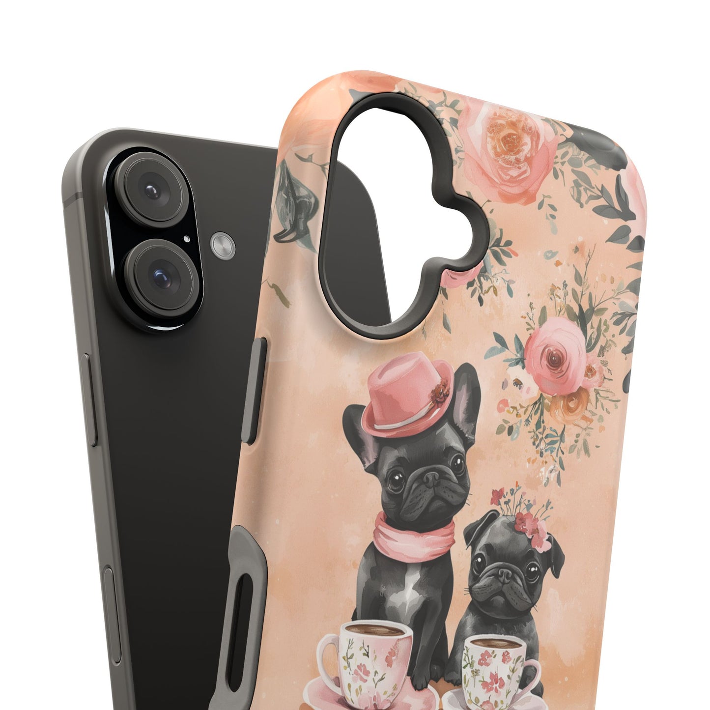 Floral French Bulldogs MagSafe iPhone Case – Elegant Dog Design with Tea Cups & Roses, Shockproof Protection